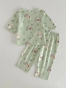 Cozy Pixies 男嬰睡衣居家套裝 寬鬆休閒版型 適合夏季 針織綠色小狗印花圖案 卡通可愛 春夏居家舒適 百搭休閒日常時尚 簡約百搭風 - 綠色 - 查看 2
