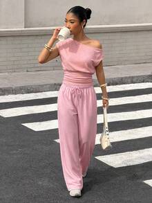 Muchica Women's Summer New Asymmetric Neck Cinched Waist Top And Loose Pants Set,Summer Outfits For Women - Pink - View 3
