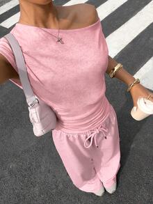 Muchica Women's Summer New Asymmetric Neck Cinched Waist Top And Loose Pants Set,Summer Outfits For Women - Pink - View 4