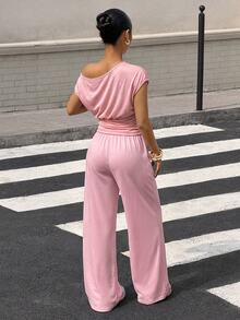Muchica Women's Summer New Asymmetric Neck Cinched Waist Top And Loose Pants Set,Summer Outfits For Women - Pink - View 2