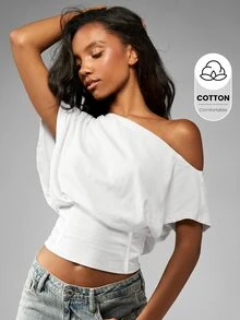 MISSGUIDED Off-Shoulder Cropped Cotton Top With Short Sleeves And Elastic Hem For Casual Summer Looks - White - View 1