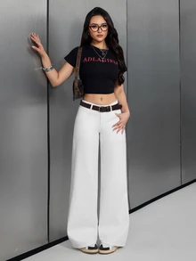 SHEIN Tall Celana Jeans Minimalis Tinggi Serbaguna dengan Potongan Lurus Putih, Pinggang Tinggi, Model Longgar, dan Lebar untuk Perjalanan Sehari-hari - Putih - View 6
