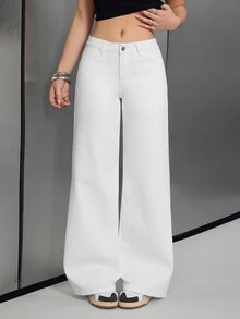 SHEIN Tall Celana Jeans Minimalis Tinggi Serbaguna dengan Potongan Lurus Putih, Pinggang Tinggi, Model Longgar, dan Lebar untuk Perjalanan Sehari-hari - Putih - View 2