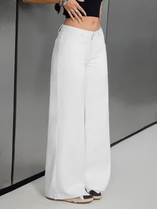 SHEIN Tall Celana Jeans Minimalis Tinggi Serbaguna dengan Potongan Lurus Putih, Pinggang Tinggi, Model Longgar, dan Lebar untuk Perjalanan Sehari-hari - Putih - View 5