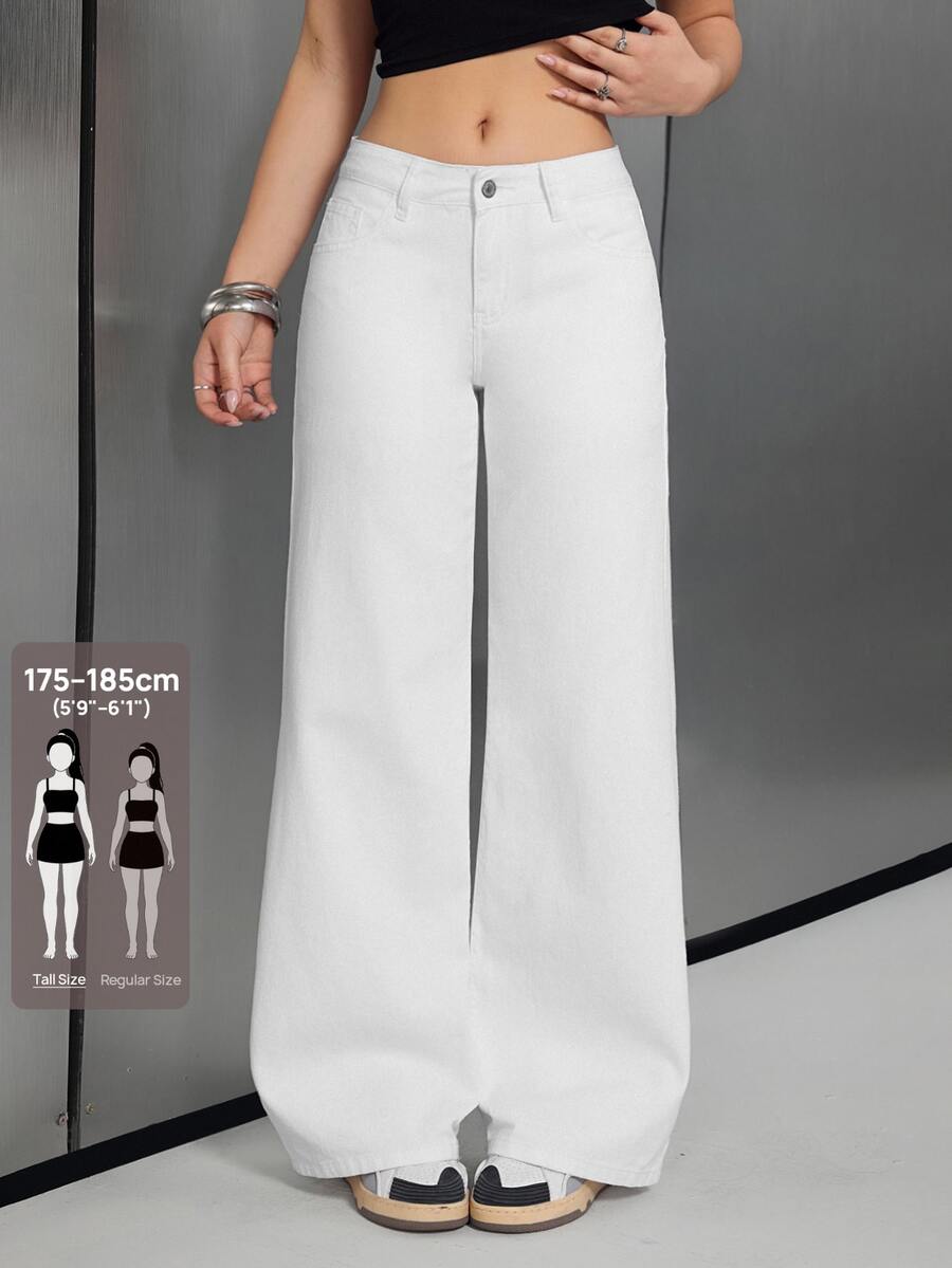 SHEIN Tall Celana Jeans Minimalis Tinggi Serbaguna dengan Potongan Lurus Putih, Pinggang Tinggi, Model Longgar, dan Lebar untuk Perjalanan Sehari-hari - Putih - View 1