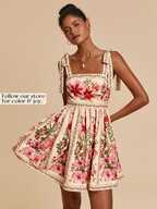 Travachic Rochie de vară pentru femei, bej, cu imprimeu floral, decolteu pătrat, fără mâneci, cu talie marcată și legătură în față, stil boho cottagecore, romantic fairycore, elegantă, tropicală, pentru vacanță și concediu