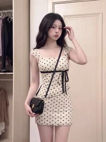 SHEIN MOD Polka Dot Bow 2 Pieces Set: Asymmetric Hem Top & Low Waist Skirt - Multicolor - View 1