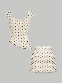 SHEIN MOD Polka Dot Bow 2 Pieces Set: Asymmetric Hem Top & Low Waist Skirt - Multicolor - View 4