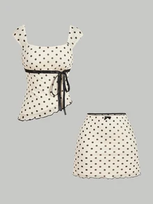 SHEIN MOD Polka Dot Bow 2 Pieces Set: Asymmetric Hem Top & Low Waist Skirt - Multicolor - View 3