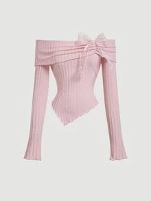 SHEIN MOD Women's Off-Shoulder Bowknot Long Sleeve T-Shirt Top, Back-To-School,Cute Tops School, Fall Tops,Preppy Tops - Pink - View 7