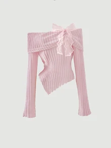 SHEIN MOD Women's Off-Shoulder Bowknot Long Sleeve T-Shirt Top, Back-To-School,Cute Tops School, Fall Tops,Preppy Tops - Pink - View 2