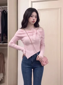 SHEIN MOD Women's Off-Shoulder Bowknot Long Sleeve T-Shirt Top, Back-To-School,Cute Tops School, Fall Tops,Preppy Tops - Pink - View 1