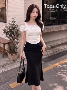 SHEIN MOD Women's Asymmetric Lace Collar Fashion T-Shirt,See Through Top - Apricot - View 6
