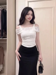 SHEIN MOD Women's Asymmetric Lace Collar Fashion T-Shirt,See Through Top - Apricot - View 1
