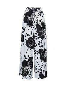 INAWLY Plus Size Floral Print Palazzo Pants Fall Cloth For Women - Black and White - View 2
