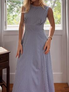 BiaLiraa Gaun Kasual Motif Garis Biru Tua, Cocok untuk Liburan Musim Semi/Panas, Gaun Musim Panas Elegan untuk Wanita - MultiWarna - View 5
