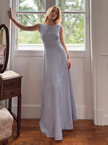 BiaLiraa Gaun Kasual Motif Garis Biru Tua, Cocok untuk Liburan Musim Semi/Panas, Gaun Musim Panas Elegan untuk Wanita - MultiWarna - View 4
