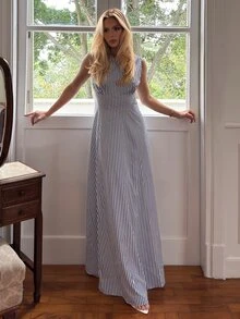 BiaLiraa Gaun Kasual Motif Garis Biru Tua, Cocok untuk Liburan Musim Semi/Panas, Gaun Musim Panas Elegan untuk Wanita - MultiWarna - View 1