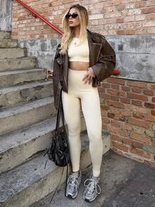 BiaLiraa Seamless& High Elastic Women's Sports Suit Outfit Set Workout Women Set Women Leggings Set - Beige - View 4