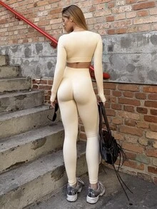 BiaLiraa Seamless& High Elastic Women's Sports Suit Outfit Set Workout Women Set Women Leggings Set - Beige - View 3