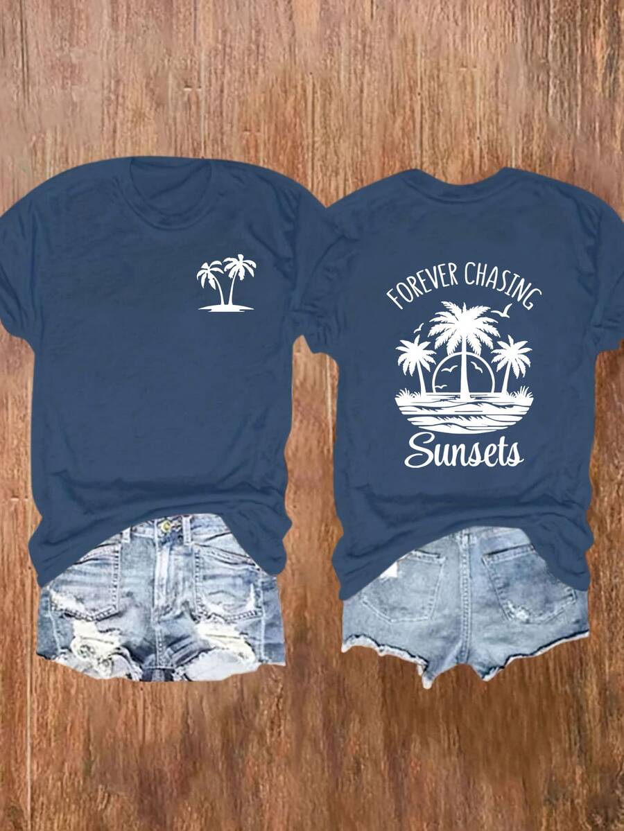 日落海滩棕榈树字母印花短袖圆领 T 恤,适合日常休闲、户外、度假穿着,四季皆宜 - 藏蓝色 - 查看 1
