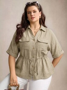 Comfylo Plus Size Women's Drawstring Waist Short Sleeve Casual Loose Fit Shirt - Khaki - View 6
