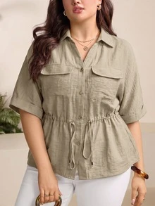 Comfylo Plus Size Women's Drawstring Waist Short Sleeve Casual Loose Fit Shirt - Khaki - View 4