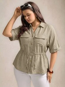 Comfylo Plus Size Women's Drawstring Waist Short Sleeve Casual Loose Fit Shirt - Khaki - View 3