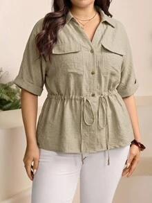 Comfylo Plus Size Women's Drawstring Waist Short Sleeve Casual Loose Fit Shirt - Khaki - View 7