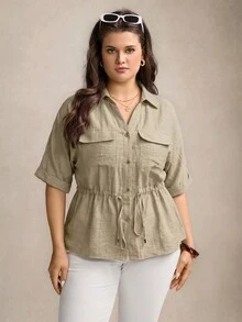 Comfylo Plus Size Women's Drawstring Waist Short Sleeve Casual Loose Fit Shirt - Khaki - View 8
