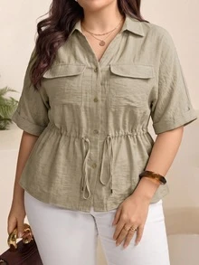 Comfylo Plus Size Women's Drawstring Waist Short Sleeve Casual Loose Fit Shirt - Khaki - View 1