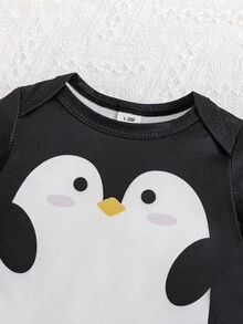 SHEIN 2件組新生兒短袖套裝，連身衣與短褲組合，可愛圖案，柔軟舒適，優雅黑色，夏季休閒穿著，可愛風格，工作、派對與旅行必備 - 黑與白 - 查看 5
