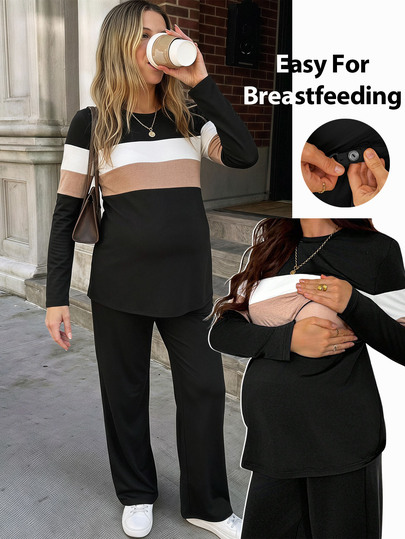 SHEIN Maternity Nursing Long Sleeve Top And Adjustable Waist Pants Casual Everyday 2 Pieces Set Fall