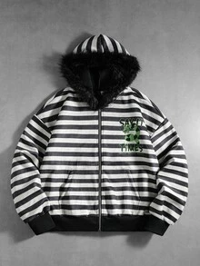 ROMWE MEN Beetlejuice X ROMWE 男士毛絨帽子條紋連帽衛衣街頭風復古 - 黑與白 - 查看 1
