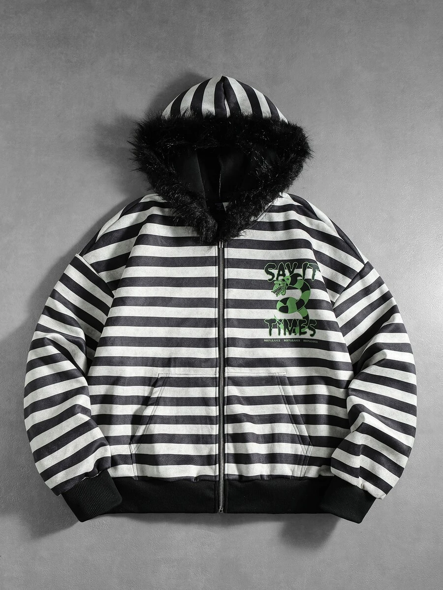 ROMWE MEN Beetlejuice X ROMWE 男士毛絨帽子條紋連帽衛衣街頭風復古 - 黑與白 - 查看 1