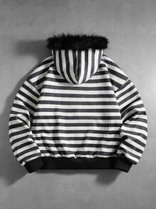 ROMWE MEN Beetlejuice X ROMWE 男士毛絨帽子條紋連帽衛衣街頭風復古 - 黑與白 - 查看 3