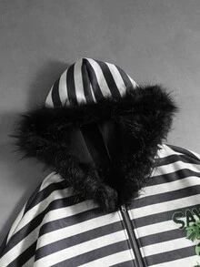 ROMWE MEN Beetlejuice X ROMWE 男士毛絨帽子條紋連帽衛衣街頭風復古 - 黑與白 - 查看 2