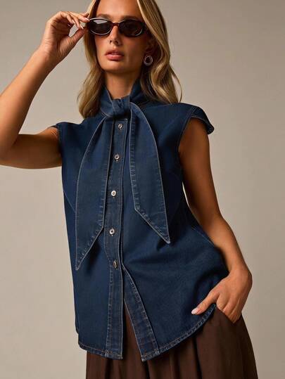 COSMINA Denim Women's Elegant Casual All-Match Versatile Tie-Neck Denim Top Office Work Navy Blue Summer Cowgirl Blouses Work Tops