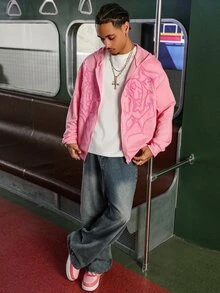 Manfinity EMRG Manfinity Streetrush Men Dark Street Style INS High Street Zip-Up Hoodie. Street Style, Y2k, Fall - Pink - View 4