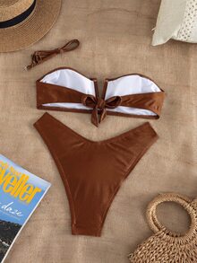 Swim Chiccia 女款 2 件式比基尼套裝 棕色，夏季，休閒，海灘，度假，假期，亮面奢華面料 抹胸上衣 V 型鋼圈 可拆式肩帶 高衩下褲 - 棕色 - 查看 5