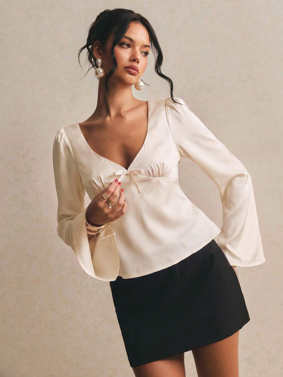 Poéselle 女款優雅法式緞面V領長袖前綁帶上衣,飄逸荷葉邊襯衫,適合晚宴、早午餐、茶會、晚餐約會、秋季節慶,米色 - 杏色 - 查看 1