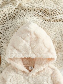 SHEIN 2件組女嬰0-3歲冬季新款毛絨愛心提花米色長袖連帽衛衣修身長褲 毛絨袖口拼色簡約時尚百搭可愛休閒上學防寒套裝 - 彩色 - 查看 7