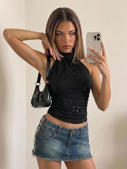 SHEIN ICON Women's Halter Neck Sleeveless Bodycon Asymmetrical Hem Beaded Embroidered Sexy Y2K Crop Top, Autumn/Winter,Summer Top