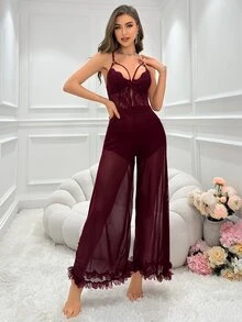 Slumberist Lace Detailing Hollow Out Mesh Cami Jumpsuit - Burgundy - View 5