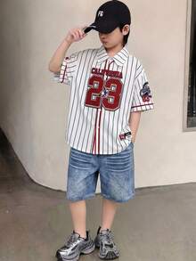 Bộ quần áo phong cách Hàn Quốc casual cho bé trai tween, dáng siêu rộng, gồm áo khoác sơ mi cổ bẻ tay ngắn, quần short và quần nỉ dài, Y2K, phù hợp đi học, đi làm, họp mặt gia đình, dã ngoại, du lịch, thể thao, xuân/hè - Nhiều màu - Xem 3