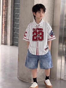 Bộ quần áo phong cách Hàn Quốc casual cho bé trai tween, dáng siêu rộng, gồm áo khoác sơ mi cổ bẻ tay ngắn, quần short và quần nỉ dài, Y2K, phù hợp đi học, đi làm, họp mặt gia đình, dã ngoại, du lịch, thể thao, xuân/hè - Nhiều màu - Xem 4