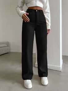 SHEIN Tall HIGH RISE BEIGE WIDE LEG TALL SIZE JEAN - Black - View 3