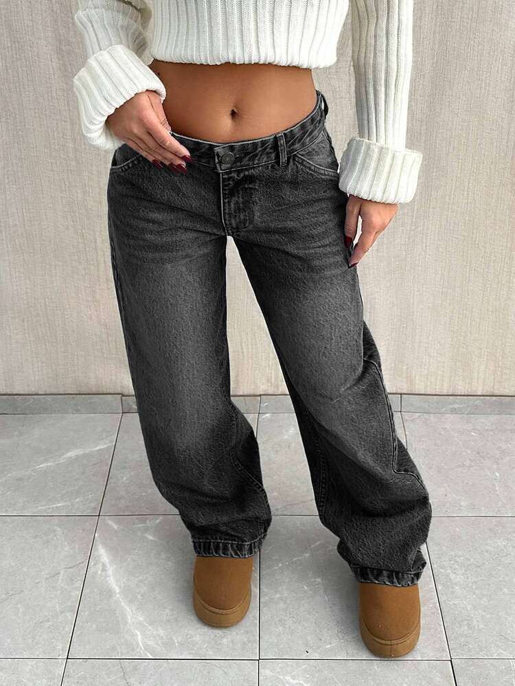 EURMUSE LOW WAIST BAGGY LOOSE STRAIGHT LEG JEAN - Dark Wash - View 5