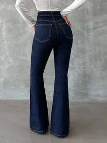 EURMUSE Zip Front Flare Leg Jeans - Dark Wash - View 2