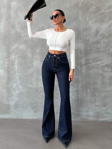 EURMUSE Zip Front Flare Leg Jeans - Dark Wash - View 4